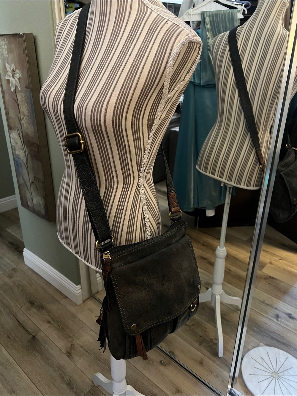 Fossil Black/Brown Leather Crossbody Bag with Tassel